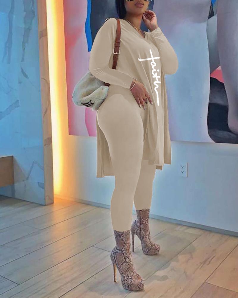 

Letter Print Split Hem Long Sleeve Top & Pants Set, Khaki