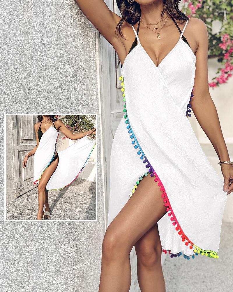 

Vestido midi com decote em V profundo e alças finas, decoração com pompom e cruzado, White