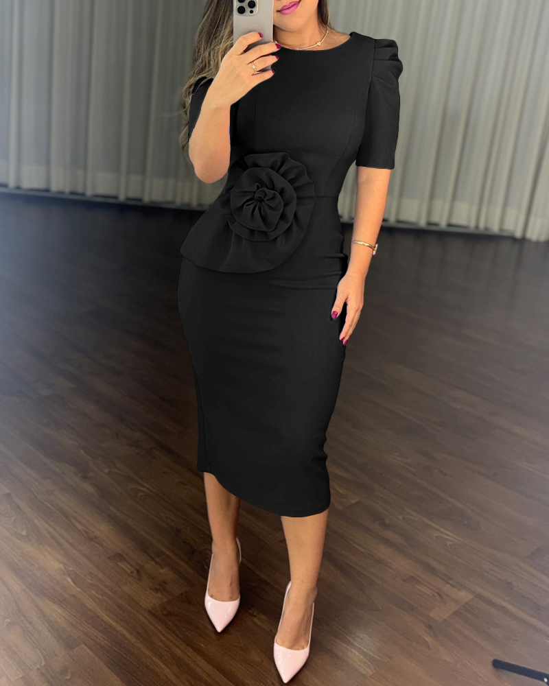 

Puff Sleeve Waist 3D Flower Decor Bodycon Dress Casual Slim Fit Midi Dress, Black