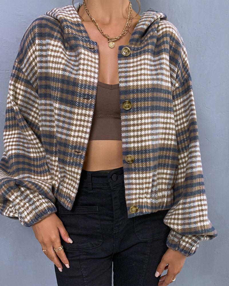 

Plaid Print Lantern Sleeve Button Front Hooded Shacket, Style1