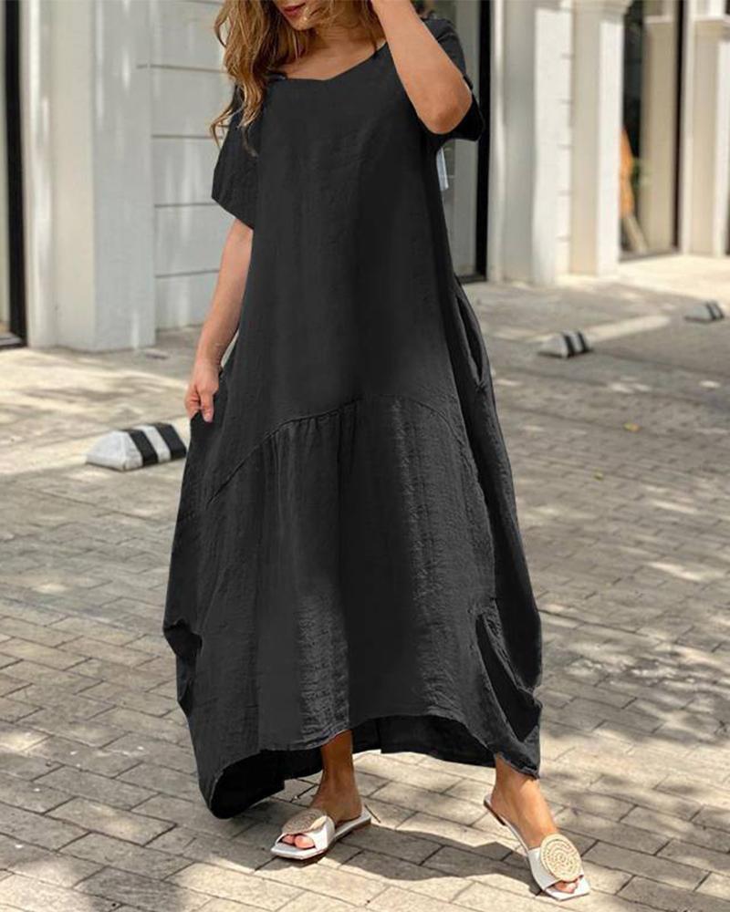 

V-Neck Short Sleeve Ruched Maxi Dress, Black