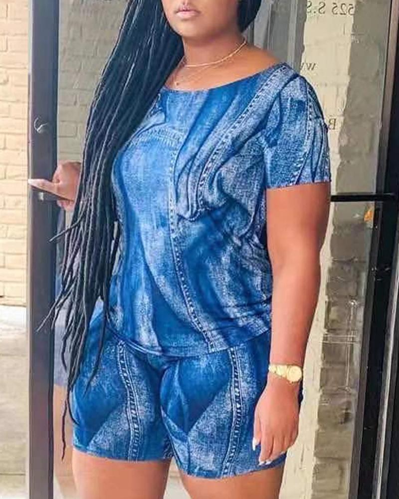 

Denim Look Print Casual Top & Shorts Set, Dark blue