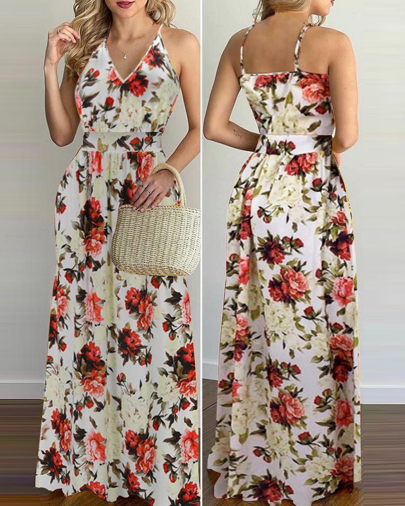 

Hawaii Floral Print Strap Sleeveless Loose Long Dress, White