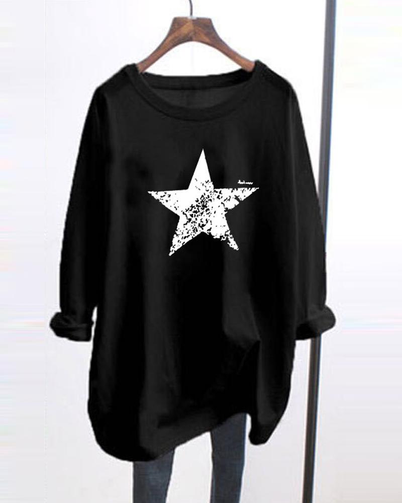 

Star Printing Long Sleeve T-shirt, Black