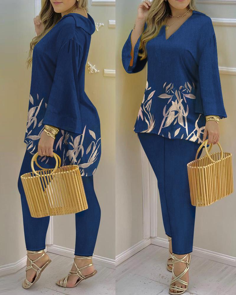

Plants Print Bell Sleeve Top & Pants Set, Purplish blue