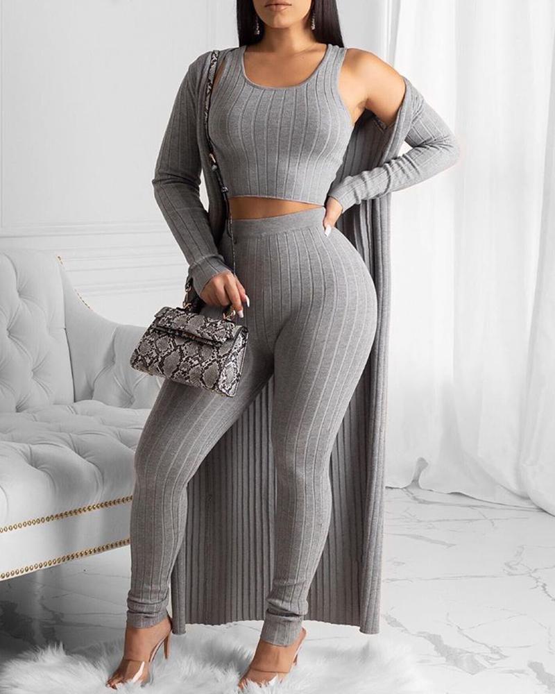 

Solid Ribbed Crop Top & Pant With Coat Sets, Gray
