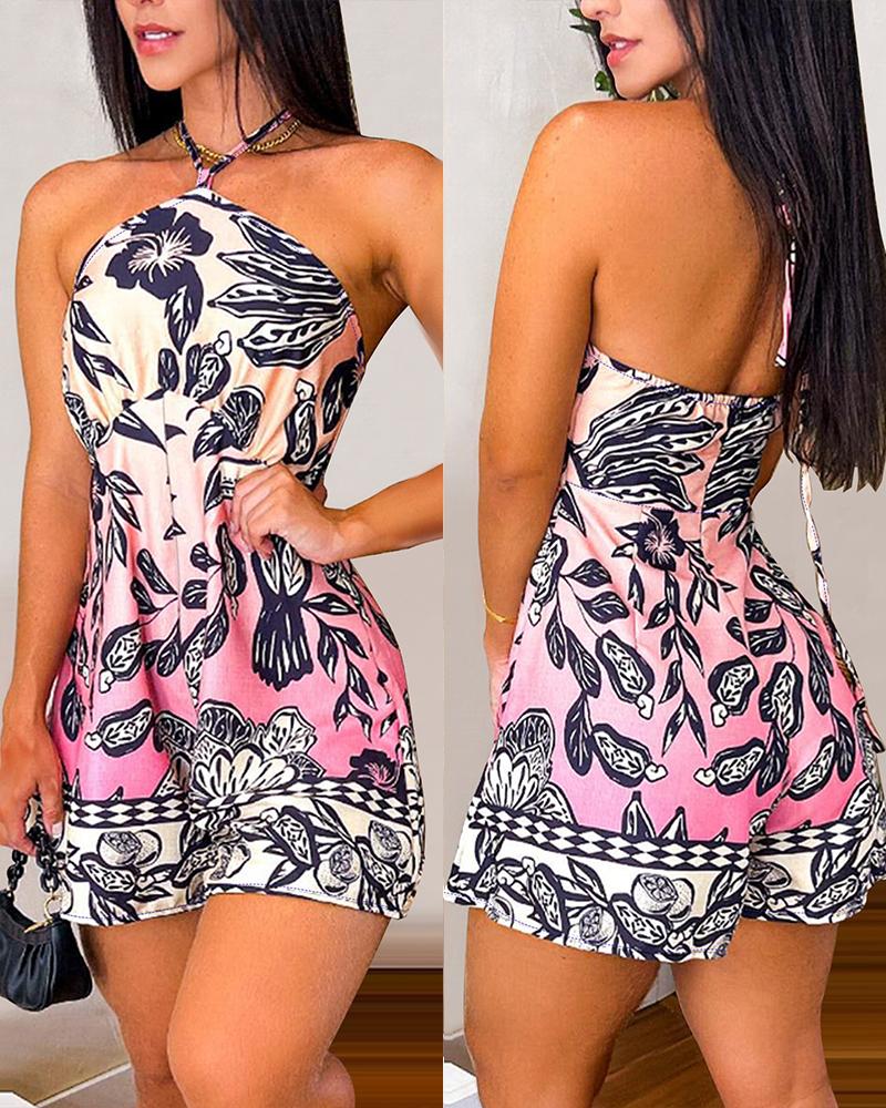 

Tropical Print Halter Wide Leg Romper, Multicolor