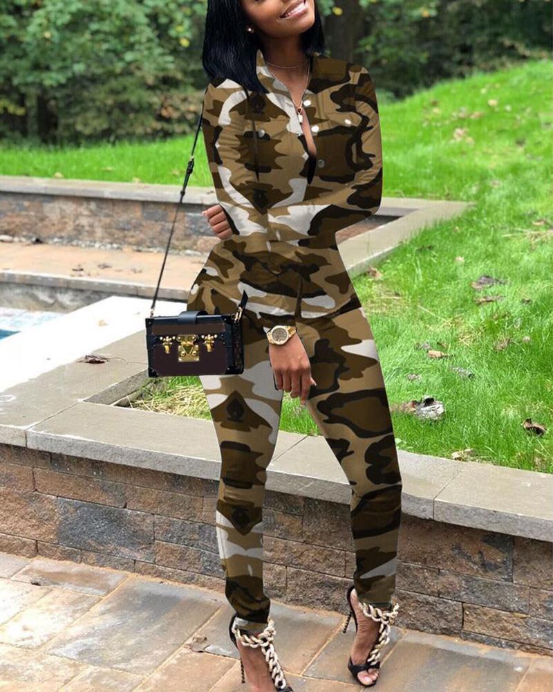 

Camouflage Print Pocket Design Top & Pants Set, Brown