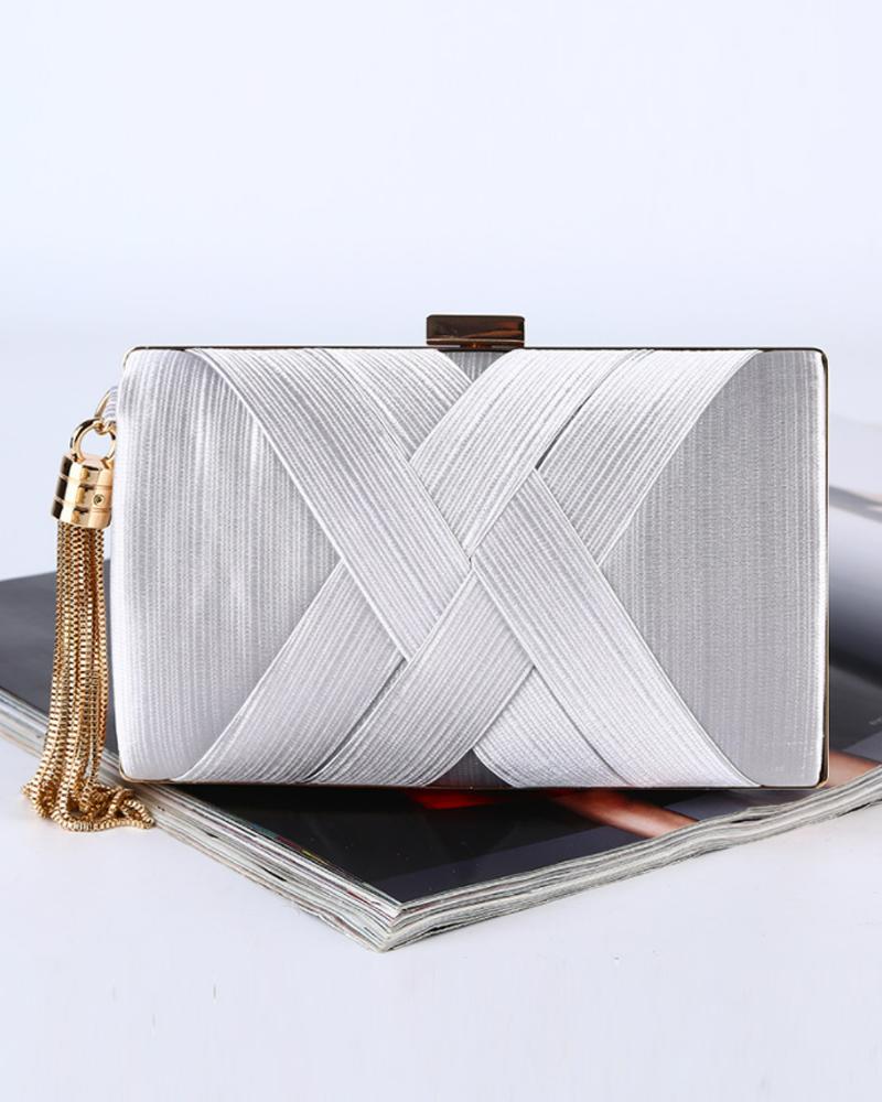 

Criss Cross Tassel Detail Clutch Bag With Chain Shoulder, Silver