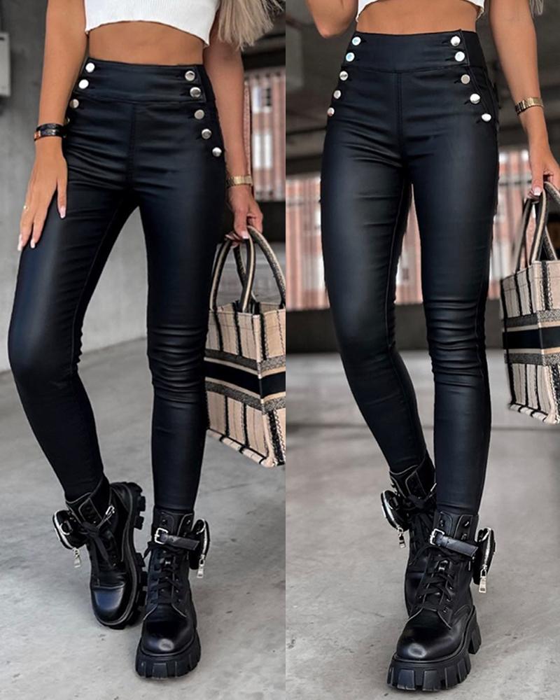 

High Waist Buttoned PU Leather Pants, Black