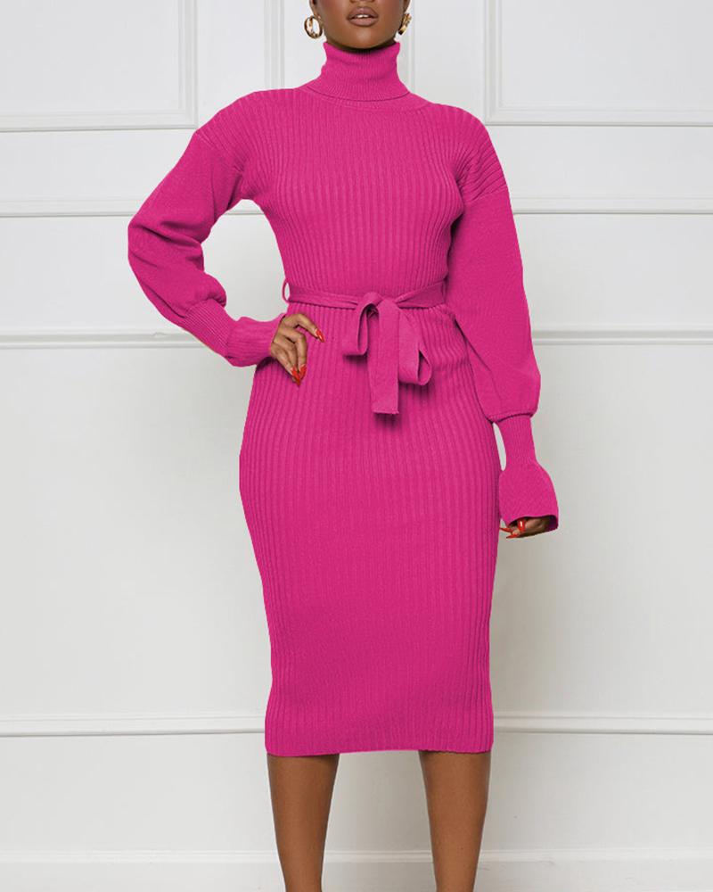 

High Neck Long Sleeve Knit Bodycon Dress, Hot pink