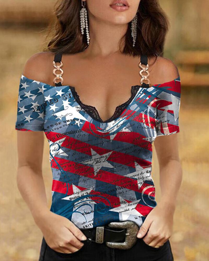

Independence Day Flag Print Cold Shoulder Top, Style2