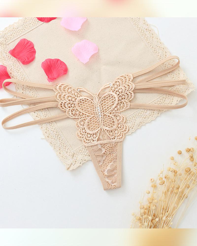 

Solid Lace Patch Skinny Cut-out T-string Panties, Apricot