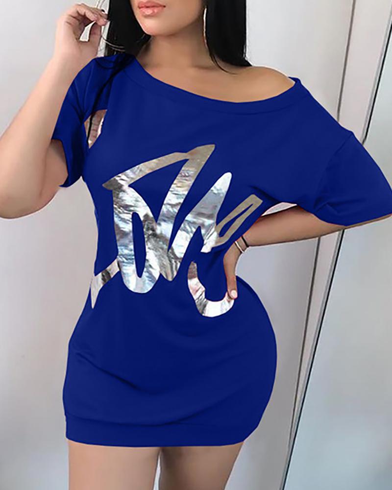 

Letter Print Round Neck Short Sleeve Top, Blue