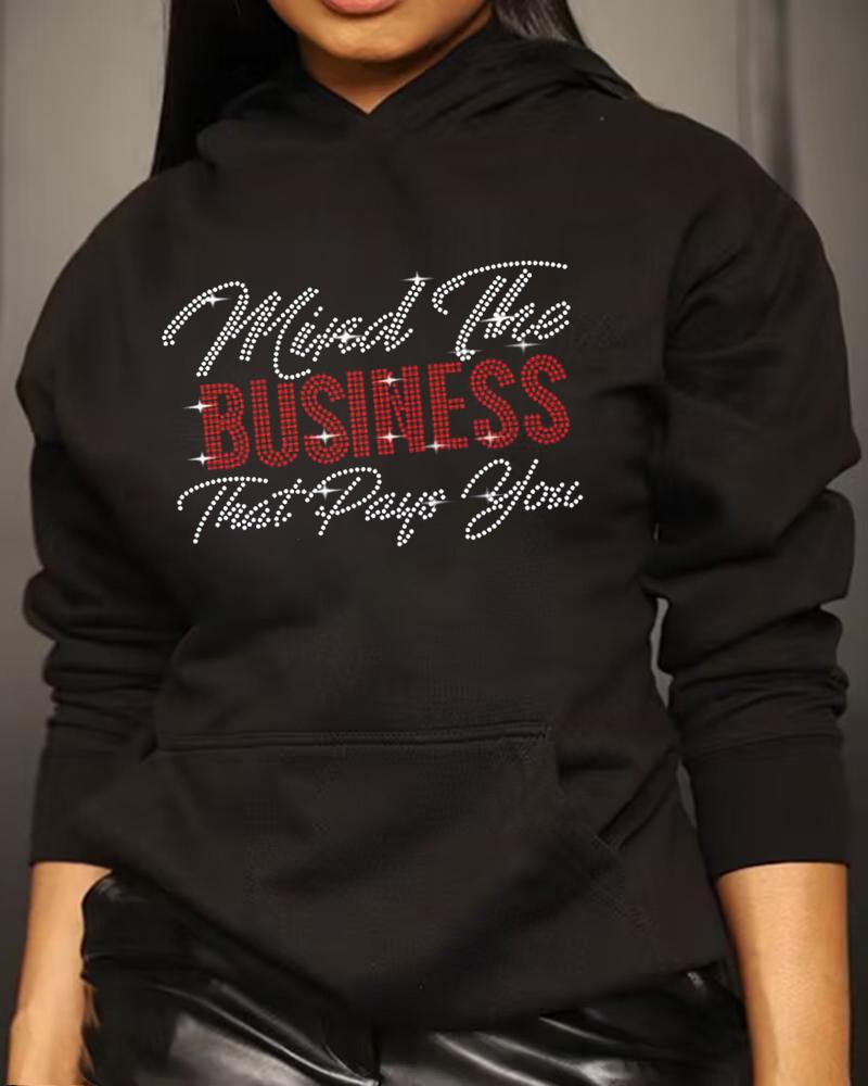 

Plus Size Rhinestone Slogan Pattern Casual Hoodie, Black