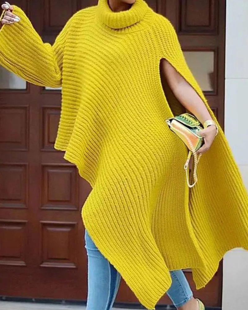 

Plus Size Turtleneck Asymmetrical Hem Sweater, Yellow