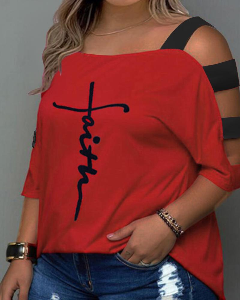 

Plus Size Letter Print Cold Shoulder Top, Red