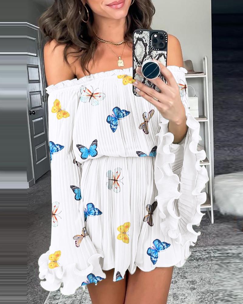 

Butterfly Print Off Shoulder Bell Sleeve Frill Hem Dress, White