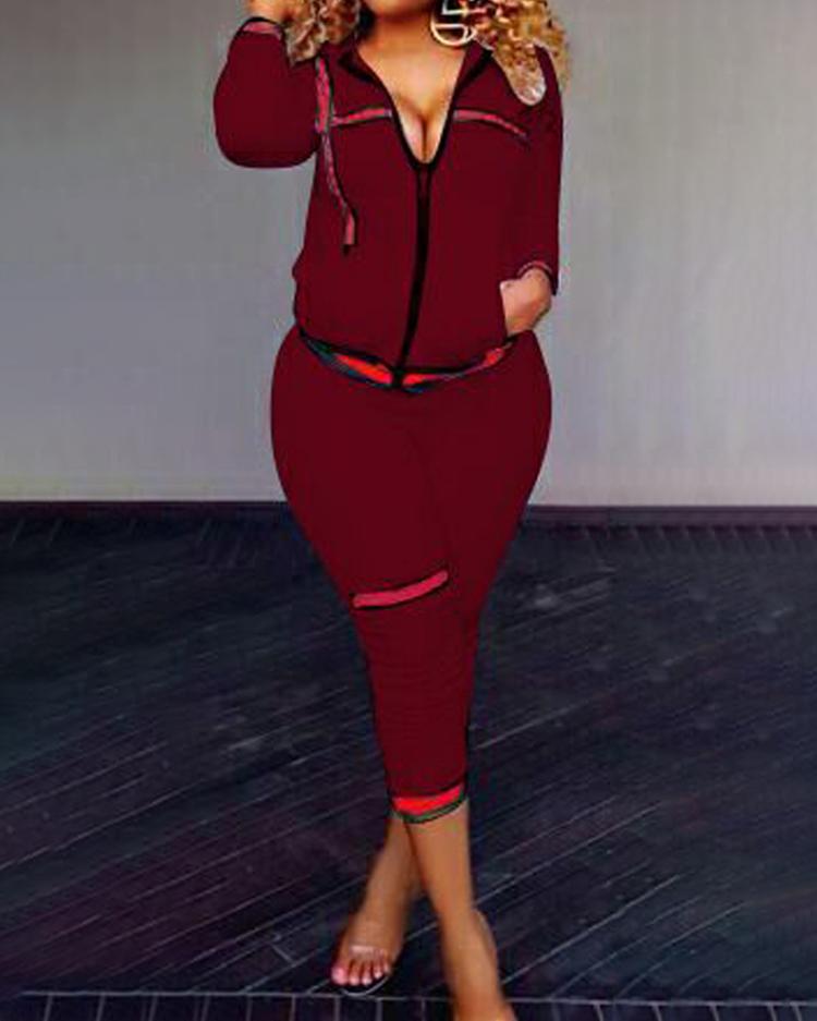 

Trendy Zipper Up Casual Pantsuit, Wine red