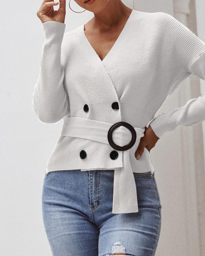 

Double Breasted Long Sleeve Casual Sweater, White