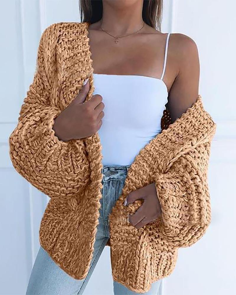 

Lantern Sleeve Solid Knitted Cardigan, Yellow