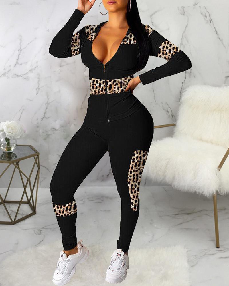 

Cheetah Print Colorblock Zip Top & Pants Set, Black