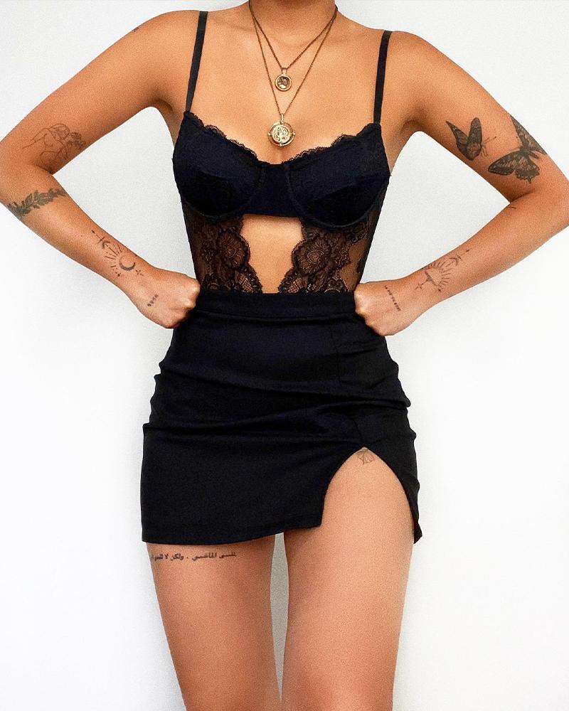 

Contrast Lace Spaghetti Strap Bodycon Dress, Black