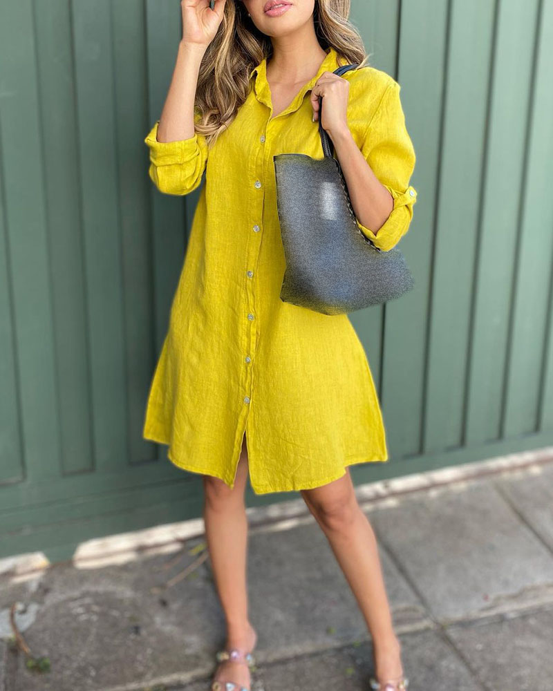 

Button Pocket Design Long Sleeve Shirt Dress, Yellow
