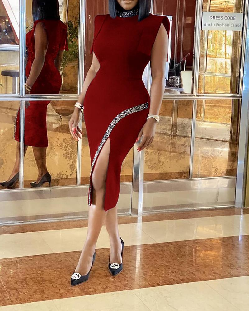 

Contrast Paneled Slit Midi Dress, Red