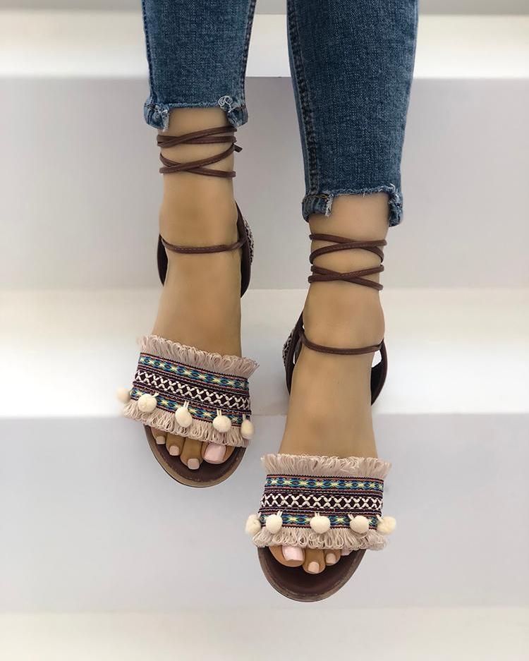 

Boho Style Fringe Tassel Strappy Flat Sandals, Beige