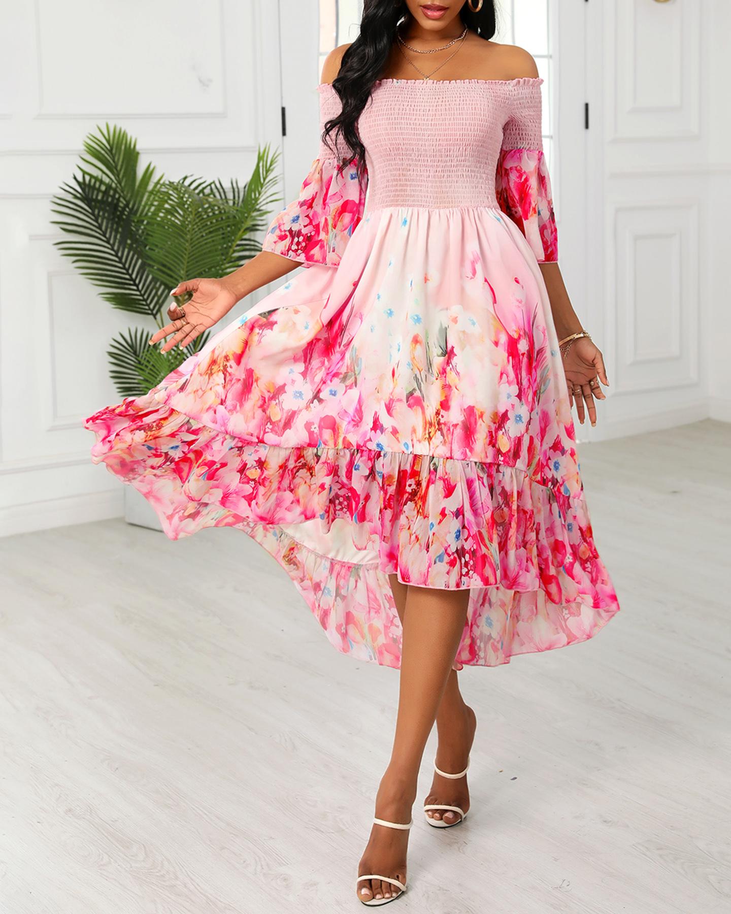 

Off Shoulder Bell Sleeve Floral Print Asymmetrical Party Dress, Pink