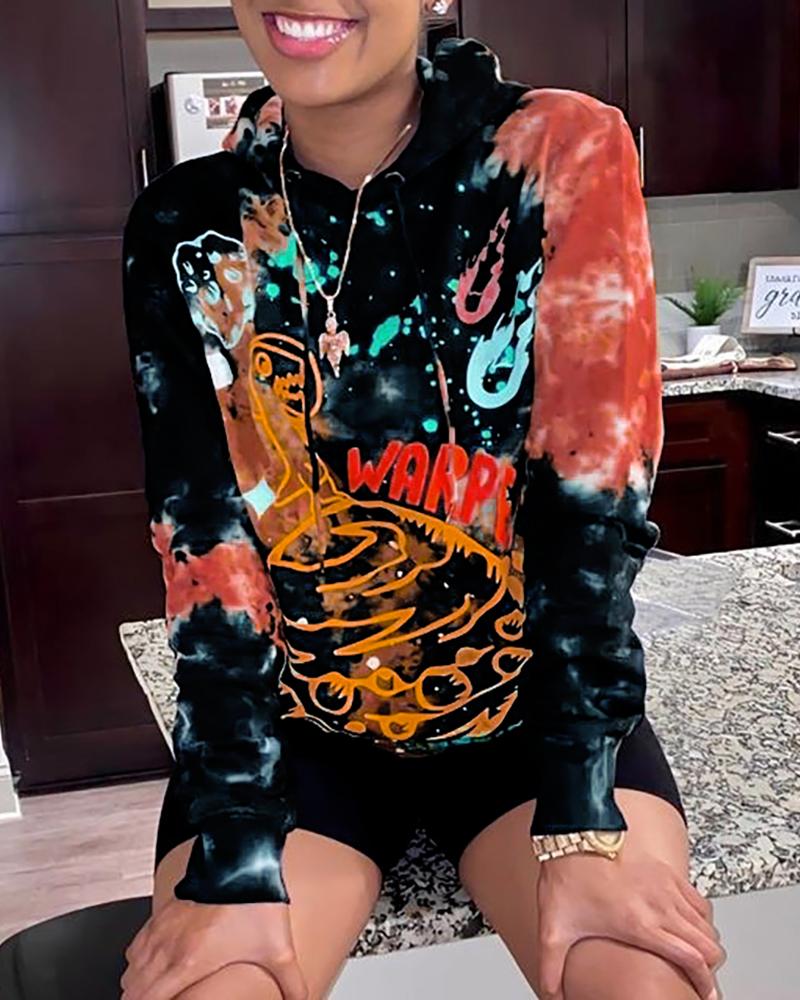 

Tie Dye Letter Print Long Sleeve Hoodie, Black