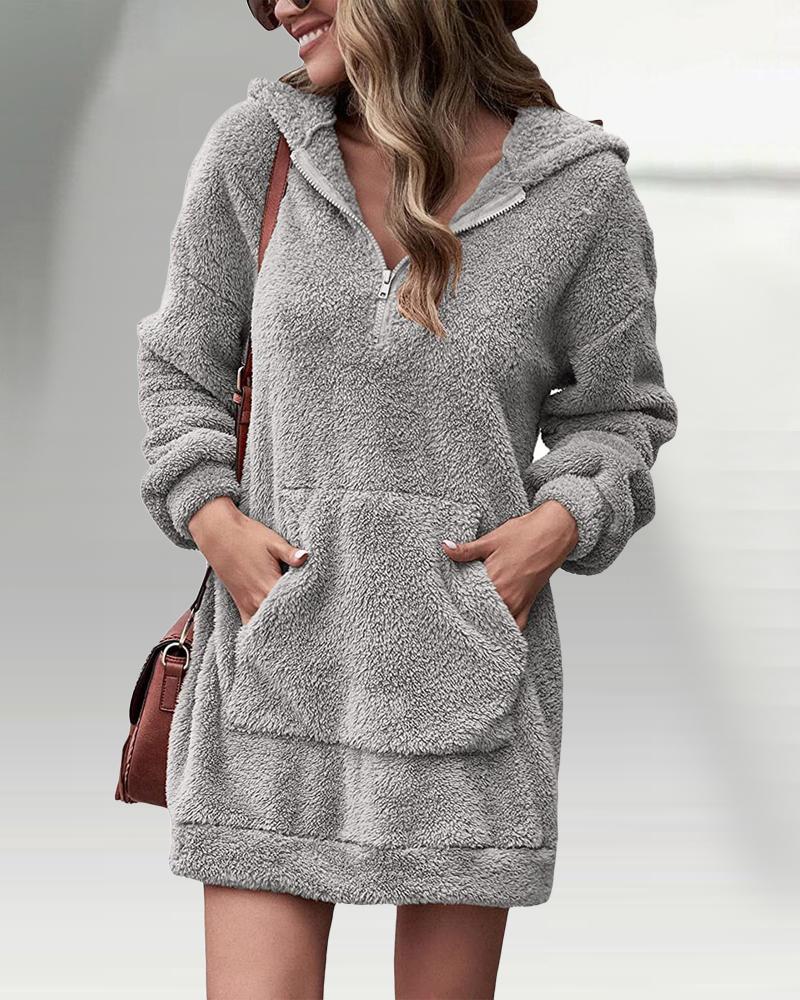 

Long Sleeve Zipper Detail Fluffy Hoodie, Gray