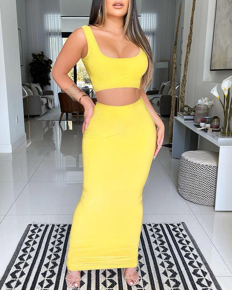

U-Neck Thick Strap Crop Top & High Waist Maxi Skirt Set, Yellow