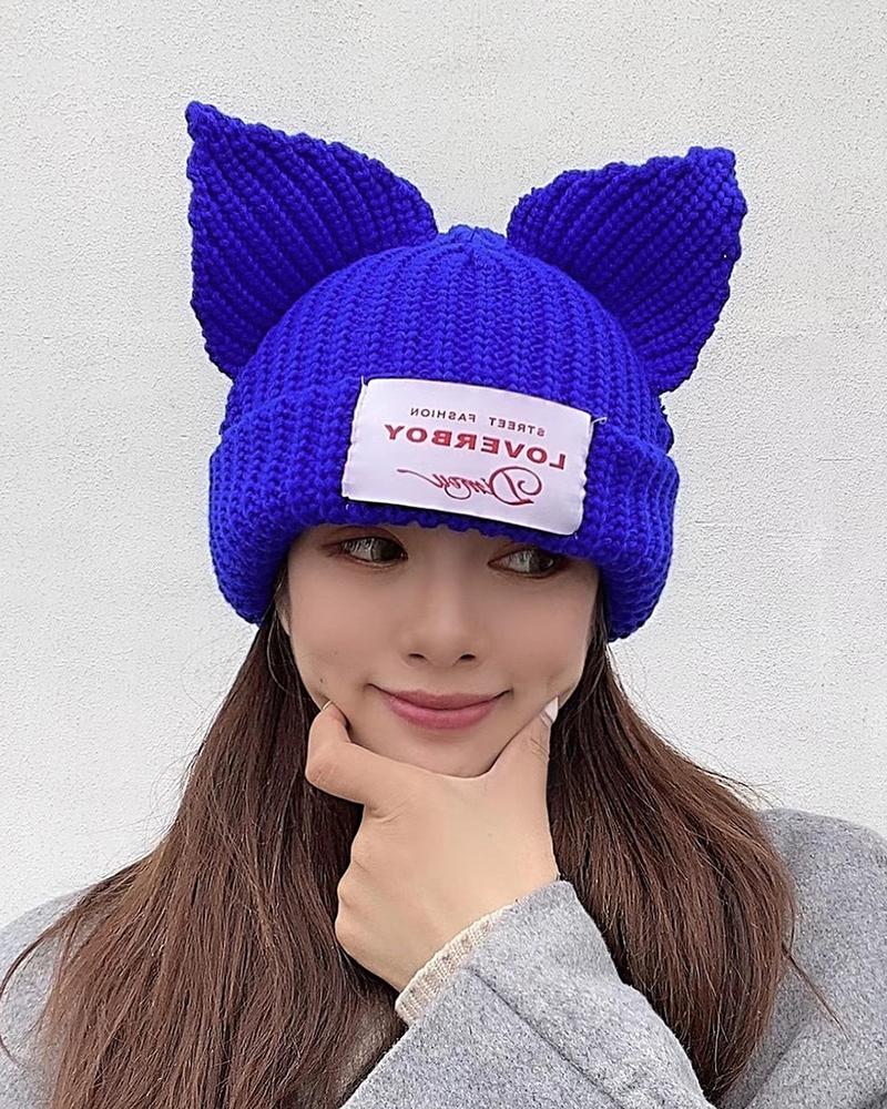 

Label Decor 3D Ear Design Cuffed Beanie, Blue