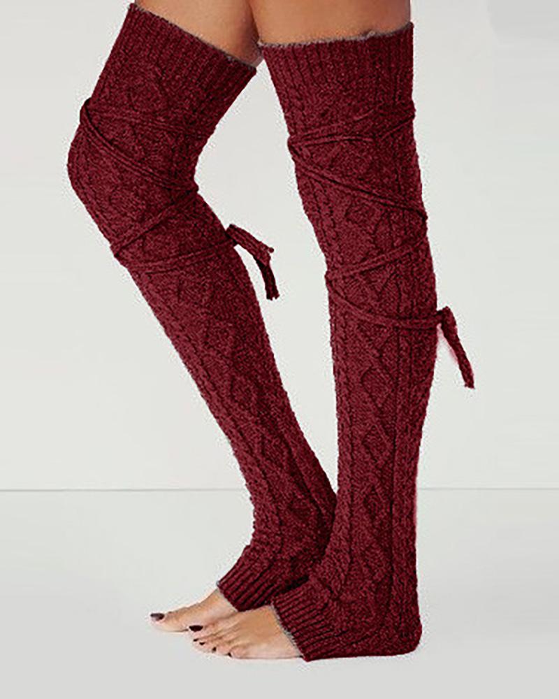 

Braided Hollow Out Knit Lace-up Socks, Red