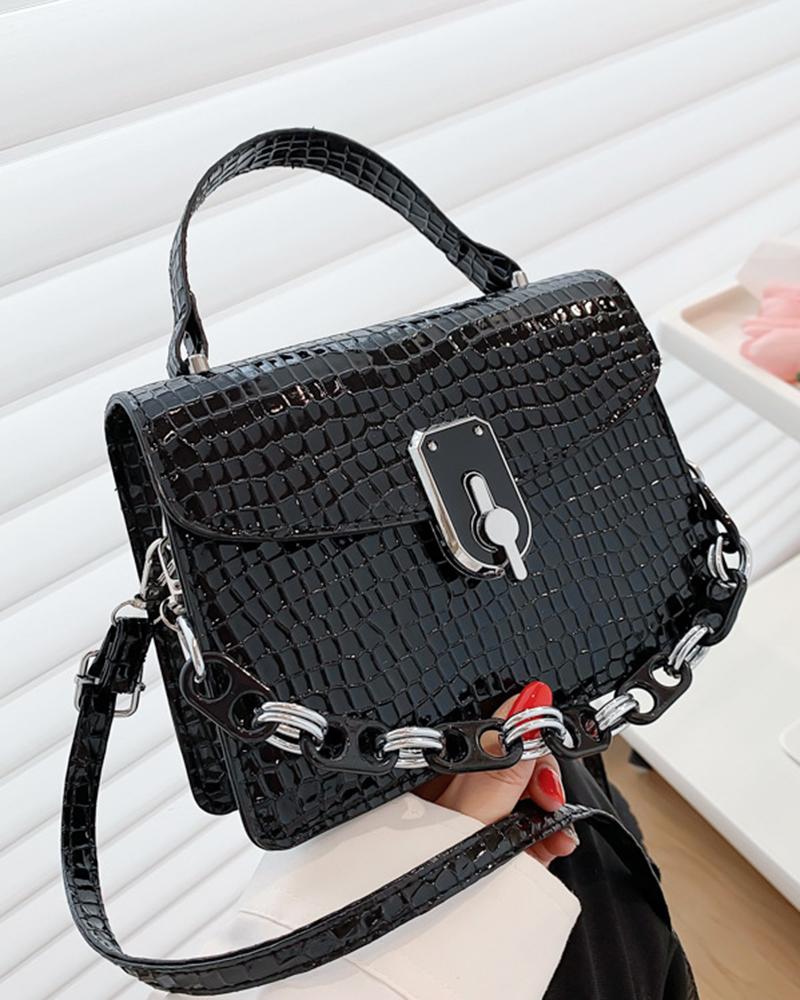 

Crocodile Top Handle Chain Strap Satchel Bag, Black