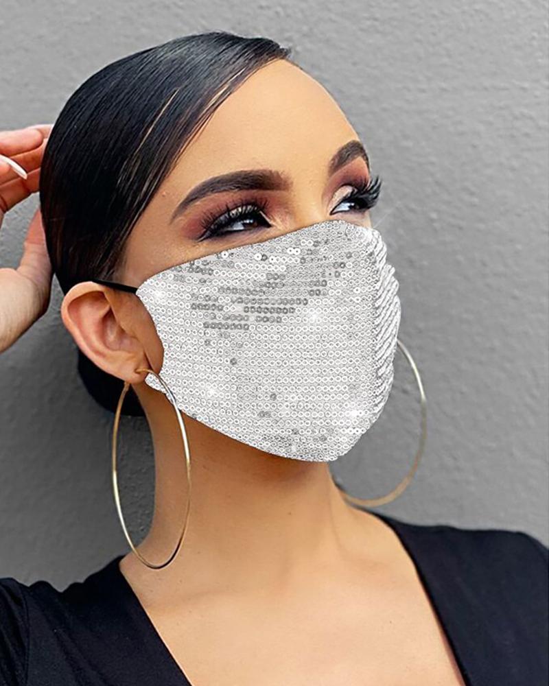 

Allover Sequins Breathable & Reusable Mouth Mask, Silver