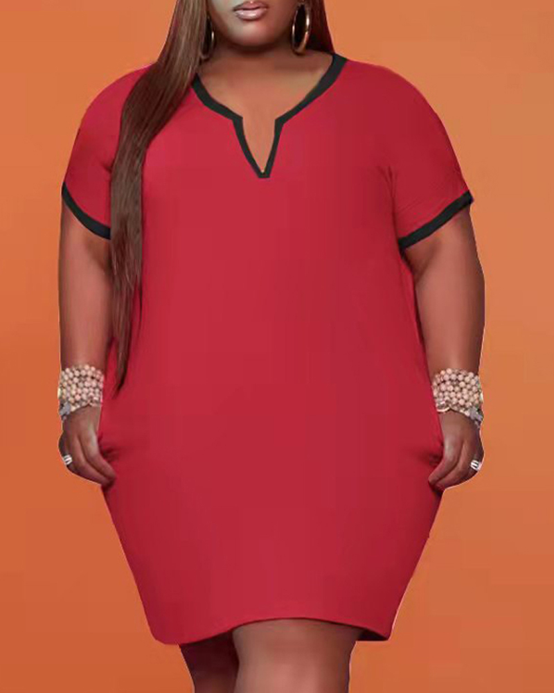 

Plus Size Contrast Binding V-Cut Casual Dress, Red