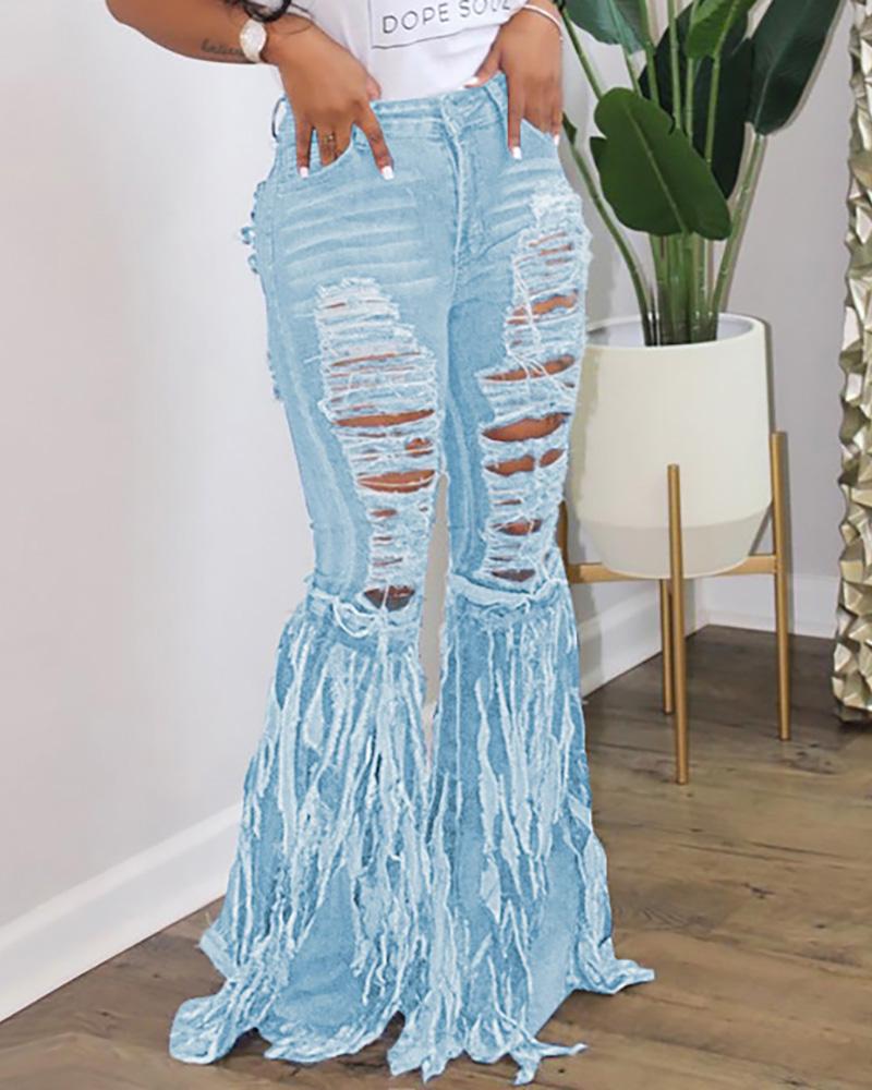 

Mid Waist Tassel Ripped Denim Pants, Light blue