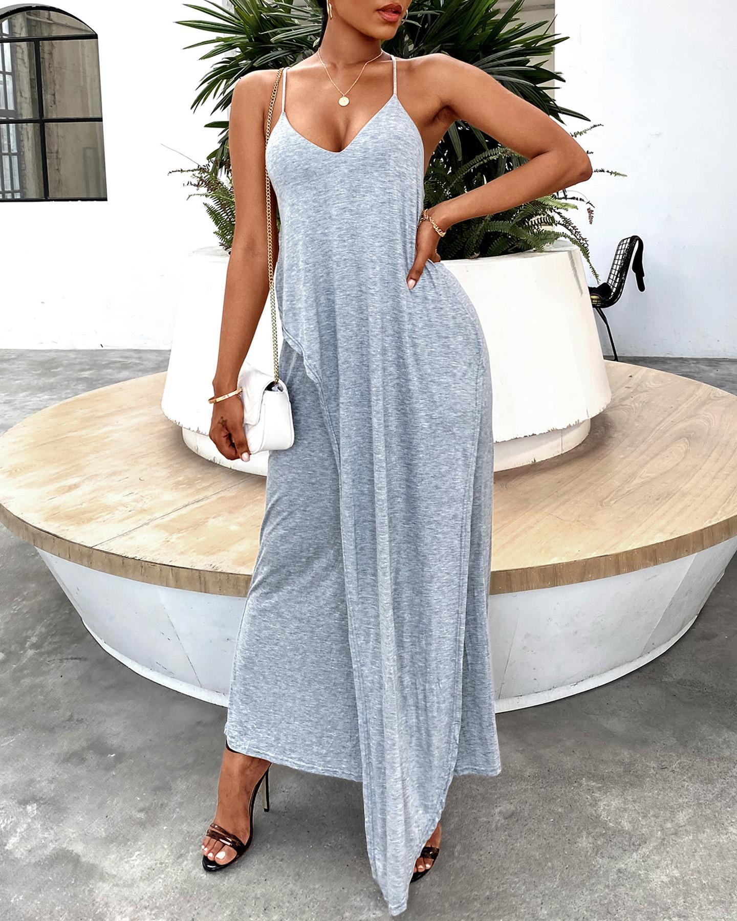 

V-neck Backless Maxi Dress, Gray