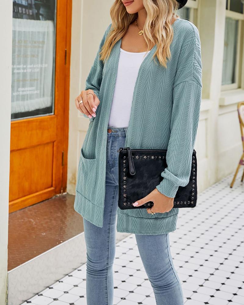 

Open Front Pocket Design Knit Cardigan, Green