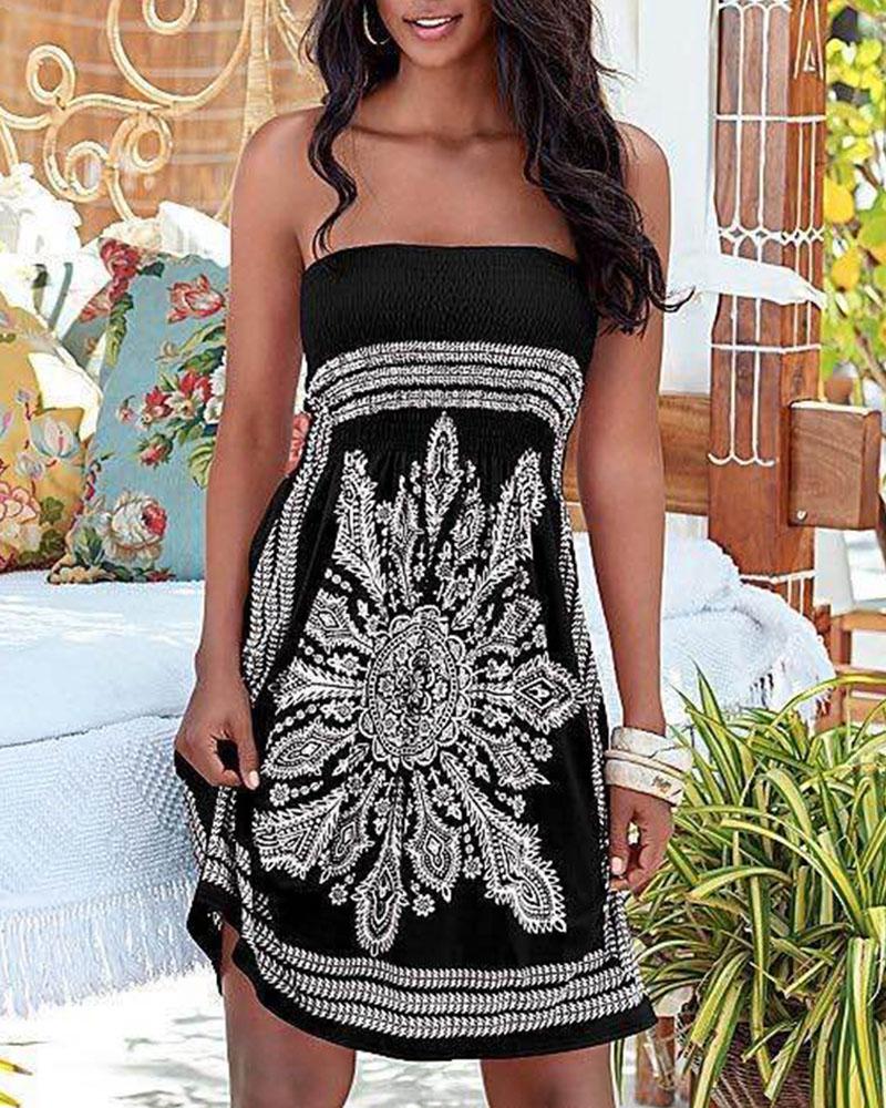 

Vintage Baroque Print Shirred Bandeau Dress, Black