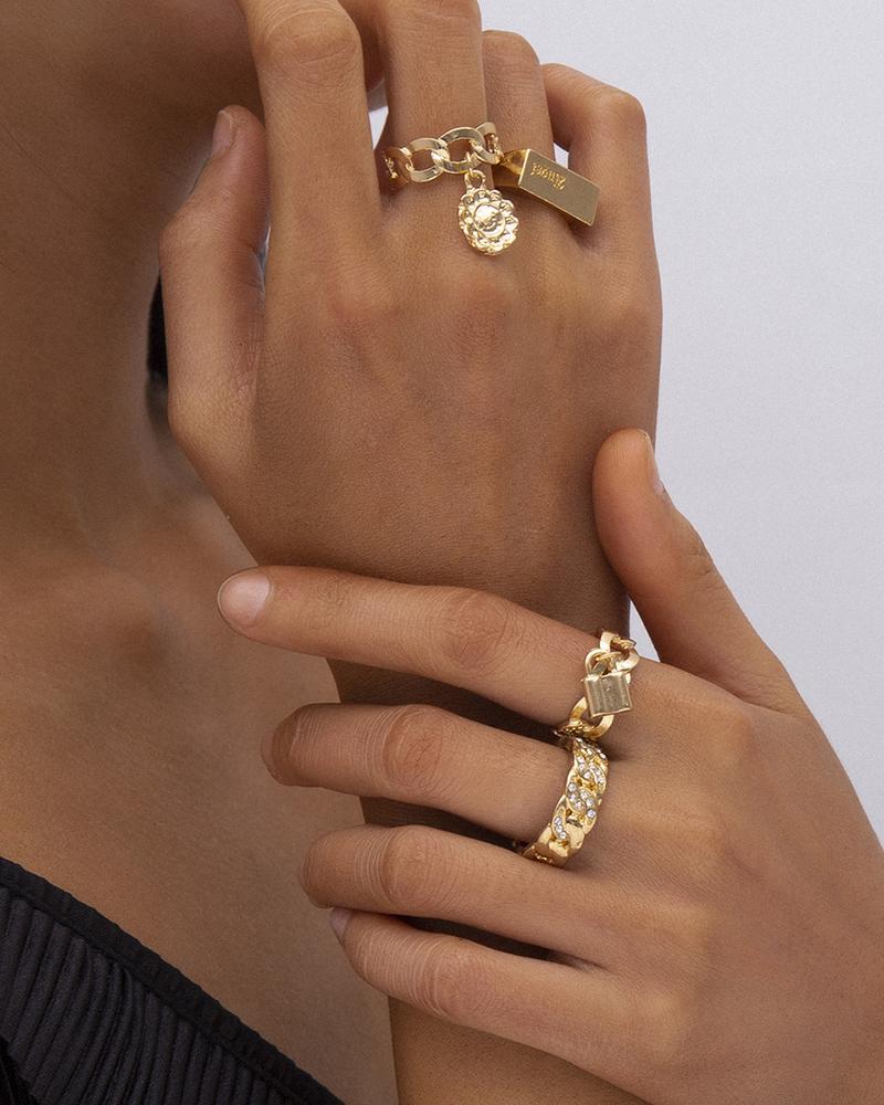 

4PCS Floral & Lock Deesign Studded Rings Set, Gold