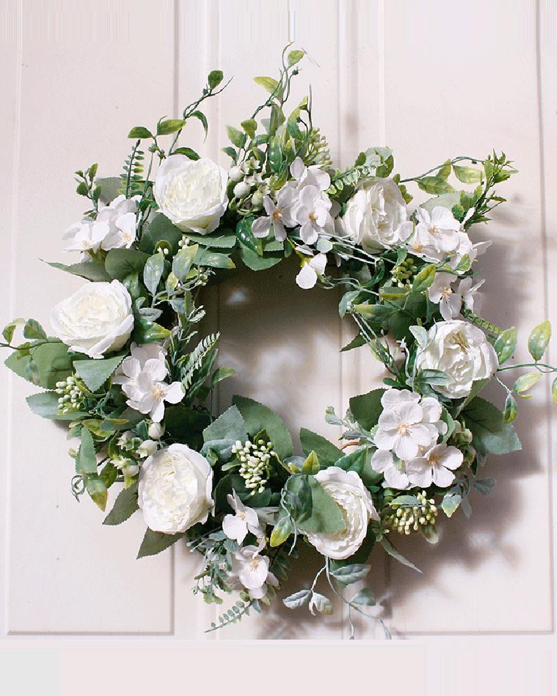 

1pc Artificial Rose Floral Garland Wreath Wedding Decoration Front Door Stairway Window Indoor Outdoor Home Decor, White