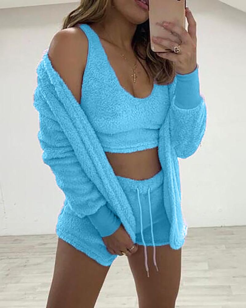 

Fluffy Crop Top & Drawstring Shorts Set With Lantern Sleeve Hooded Cardigan, Sky blue