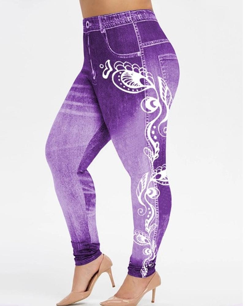 

Plus Size Floral Denim Look Print High Waist Leggings, Purple