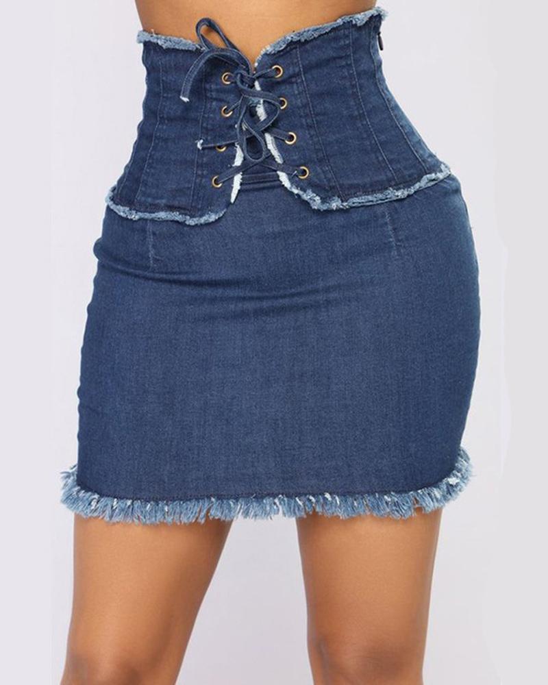 

Grommet Eyelet Lace-up Raw Hem Denim Skirt, Blue