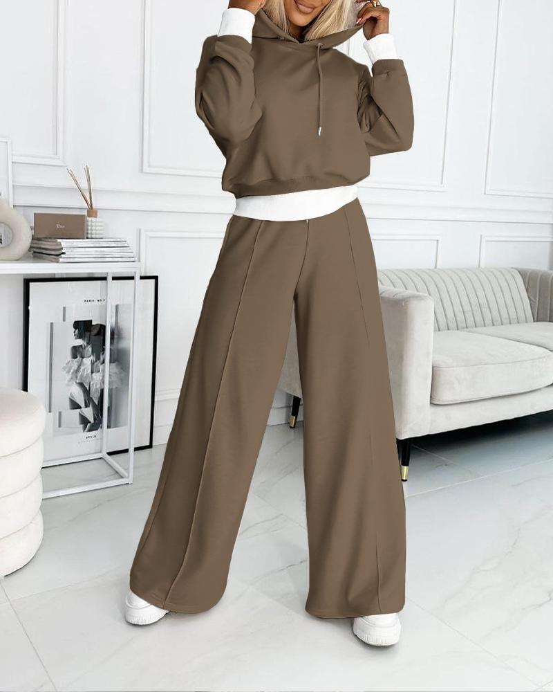 

Fake Two Piece Hoodie & Wide Leg Pant Set, Dark brown
