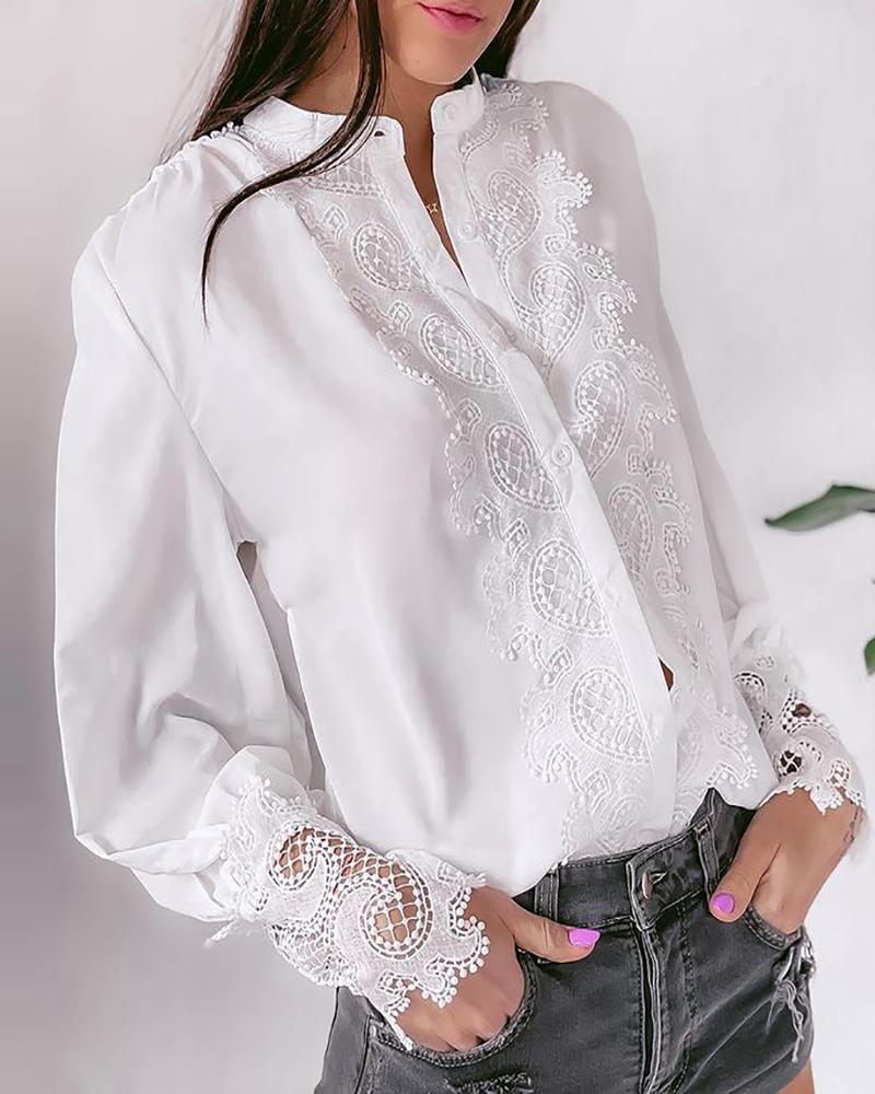 

Button Design Guipure Lace Lantern Sleeve Top, White